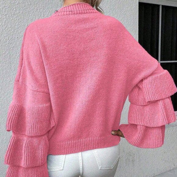 Pink Casual Women's Round Neck Patchwork Ruffle Flare Sleeve Sweater - Picture 2 of 6